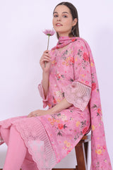 Women's Pink Floral Printed Lace Asymmetric Woven Kurta With Trouser And Dupatta