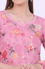 Women's Pink Floral Printed Lace Asymmetric Woven Kurta With Trouser And Dupatta