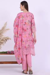 Women's Pink Floral Printed Lace Asymmetric Woven Kurta With Trouser And Dupatta
