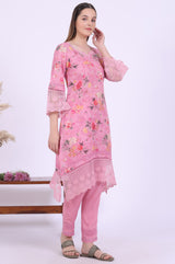 Women's Pink Floral Printed Lace Asymmetric Woven Kurta With Trouser And Dupatta