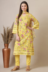Women's Yellow Floral Floral Print Lace Straight Woven Kurta With Trouser And Dupatta