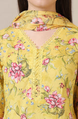 Women's Yellow Floral Floral Print Lace Straight Woven Kurta With Trouser And Dupatta