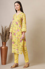 Women's Yellow Floral Floral Print Lace Straight Woven Kurta With Trouser And Dupatta