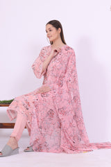 Women's Pink Floral Printed Lace Straight Woven Kurta with Trouser and Dupatta