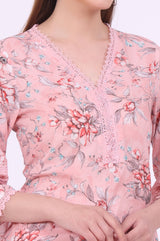 Women's Pink Floral Printed Lace Straight Woven Kurta with Trouser and Dupatta