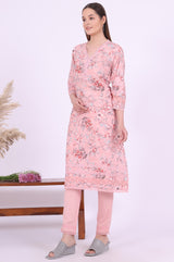 Women's Pink Floral Printed Lace Straight Woven Kurta with Trouser and Dupatta