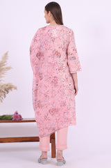 Women's Pink Floral Printed Lace Straight Woven Kurta with Trouser and Dupatta