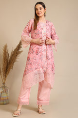 Women's Pink Floral Tonal Printed Lace Straight Organza Kurta With Trouser And Gilet