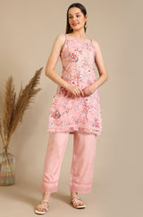 Women's Pink Floral Tonal Printed Lace Straight Organza Kurta With Trouser And Gilet