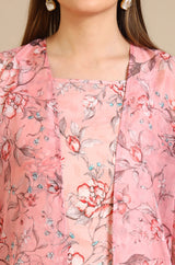 Women's Pink Floral Tonal Printed Lace Straight Organza Kurta With Trouser And Gilet