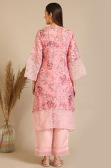 Women's Pink Floral Tonal Printed Lace Straight Organza Kurta With Trouser And Gilet