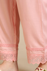 Women's Pink Floral Tonal Printed Lace Straight Organza Kurta With Trouser And Gilet
