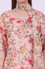 Women's Peach Floral Printed Lace Straight Kurta With Trouser And Dupatta