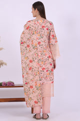 Women's Peach Floral Printed Lace Straight Kurta With Trouser And Dupatta