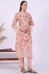 Women's Peach Floral Printed Lace Straight Kurta With Trouser And Dupatta