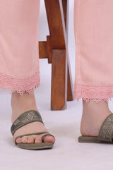 Women's Peach Floral Printed Lace Straight Kurta With Trouser And Dupatta