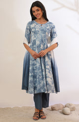 Women's Blue Tie-Dye Printed Thread Work Flared Woven Kurta With Palazzo And Dupatta