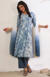 Women's Blue Tie-Dye Printed Thread Work Flared Woven Kurta With Palazzo And Dupatta