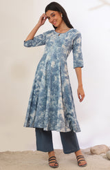 Women's Blue Tie-Dye Printed Thread Work Flared Woven Kurta With Palazzo And Dupatta
