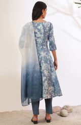 Women's Blue Tie-Dye Printed Thread Work Flared Woven Kurta With Palazzo And Dupatta
