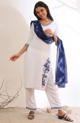 Women's White Solid Floral Thread Work Straight Woven Kurta With Palazzo And Dupatta