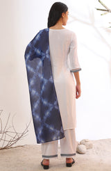 Women's White Solid Floral Thread Work Straight Woven Kurta With Palazzo And Dupatta
