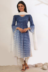 Women's Blue Abstract Tie-Dye Thread Work Flared Cotton Kurta with Palazzo and Dupatta