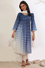 Women's Blue Abstract Tie-Dye Thread Work Flared Cotton Kurta with Palazzo and Dupatta