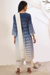 Women's Blue Abstract Tie-Dye Thread Work Flared Cotton Kurta with Palazzo and Dupatta