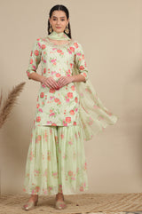 Women's Green Floral Print Zari Straight Tissue Kurta With Palazzo And Dupatta