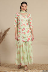 Women's Green Floral Print Zari Straight Tissue Kurta With Palazzo And Dupatta