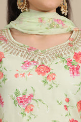 Women's Green Floral Print Zari Straight Tissue Kurta With Palazzo And Dupatta
