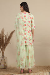 Women's Green Floral Print Zari Straight Tissue Kurta With Palazzo And Dupatta