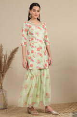 Women's Green Floral Print Zari Straight Tissue Kurta With Palazzo And Dupatta