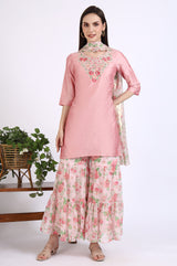 Women's Pink Solid Floral Embroidered Straight Woven Kurta With Sharara And Dupatta