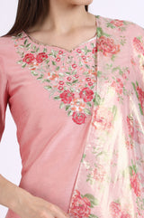 Women's Pink Solid Floral Embroidered Straight Woven Kurta With Sharara And Dupatta