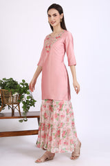 Women's Pink Solid Floral Embroidered Straight Woven Kurta With Sharara And Dupatta