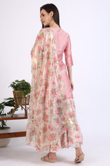 Women's Pink Solid Floral Embroidered Straight Woven Kurta With Sharara And Dupatta