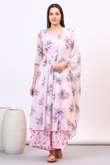 Women's Purple Floral Printed A-Line Sheer Kurta With Palazzo And Dupatta