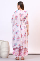 Women's Purple Floral Printed A-Line Sheer Kurta With Palazzo And Dupatta