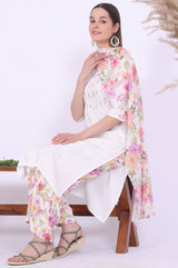 Women's White Floral Embroidered Straight Cotton Kurta with Palazzo and Dupatta
