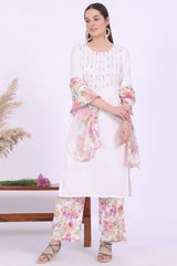 Women's White Floral Embroidered Straight Cotton Kurta with Palazzo and Dupatta