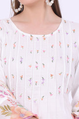 Women's White Floral Embroidered Straight Cotton Kurta with Palazzo and Dupatta
