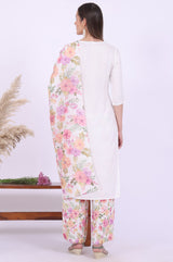 Women's White Floral Embroidered Straight Cotton Kurta with Palazzo and Dupatta