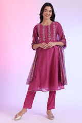 Women's Pink Solid Embroidered Flared Cotton Kurta With Pants And Dupatta