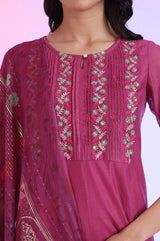 Women's Pink Solid Embroidered Flared Cotton Kurta With Pants And Dupatta