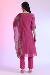 Women's Pink Solid Embroidered Flared Cotton Kurta With Pants And Dupatta