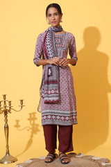 Women's Purple Geometric Printed Sequined Straight Modal Kurta with Palazzo and Dupatta