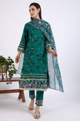 Women's Green Floral Foil Printed Lace A-Line Woven Kurta with Trouser and Dupatta