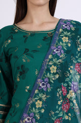 Women's Green Floral Foil Printed Lace A-Line Woven Kurta with Trouser and Dupatta